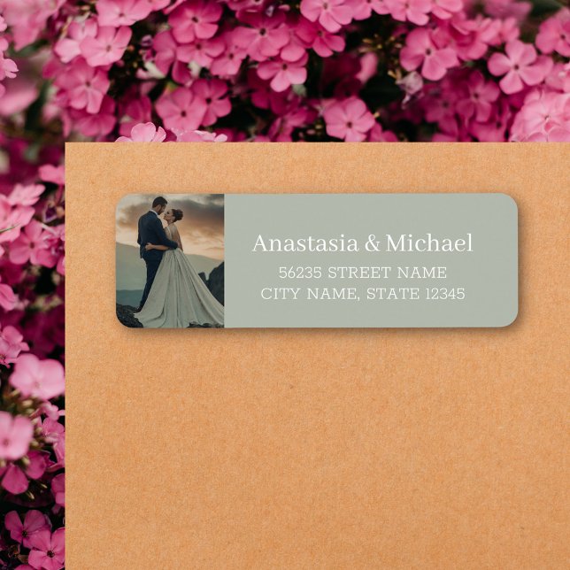 stylish white typography green sage wedding photo label (Creator Uploaded)