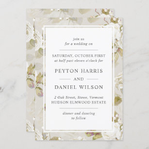 Stylish White Wedding Roses Watercolor Wedding Invitation