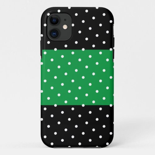Stylish Wide Bold Green Stripe White Dots On Black iPhone 11 Case