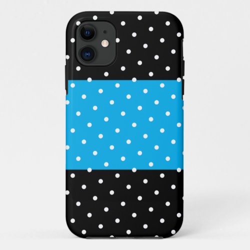 Stylish Wide Sky Blue Stripe White Dots On Black iPhone 11 Case
