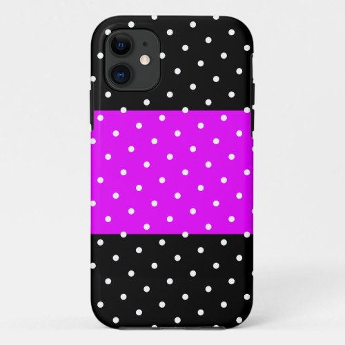 Stylish Wide Vivid Pink Stripe White Dots On Black iPhone 11 Case
