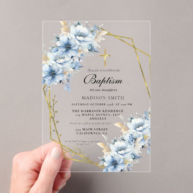 Stylish Wildflower Dusty Blue Garden Baptism Acrylic Invitations (Insitu (Handheld))