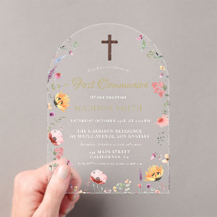 Stylish Wildflower Garden First Holy Communion Acrylic Invitations