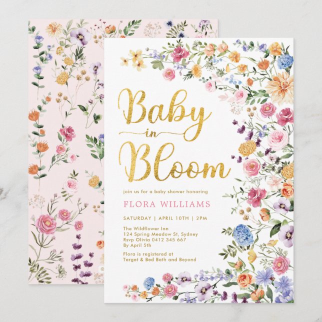 Stylish Wildflower Meadow Baby in Bloom Garden Invitation (Front/Back)