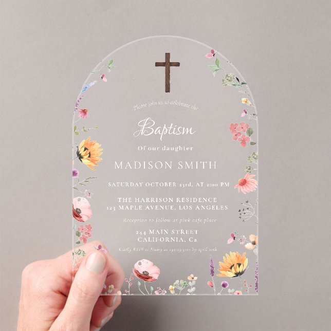Stylish Wildflower Meadow Garden Baptism  Acrylic Invitations (Insitu (Handheld))