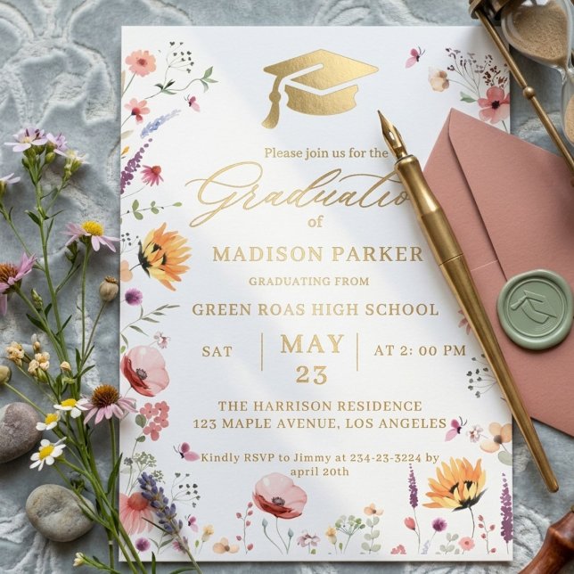 Stylish Wildflower Meadow Garden  Graduation Foil Invitation (Creator Uploaded)