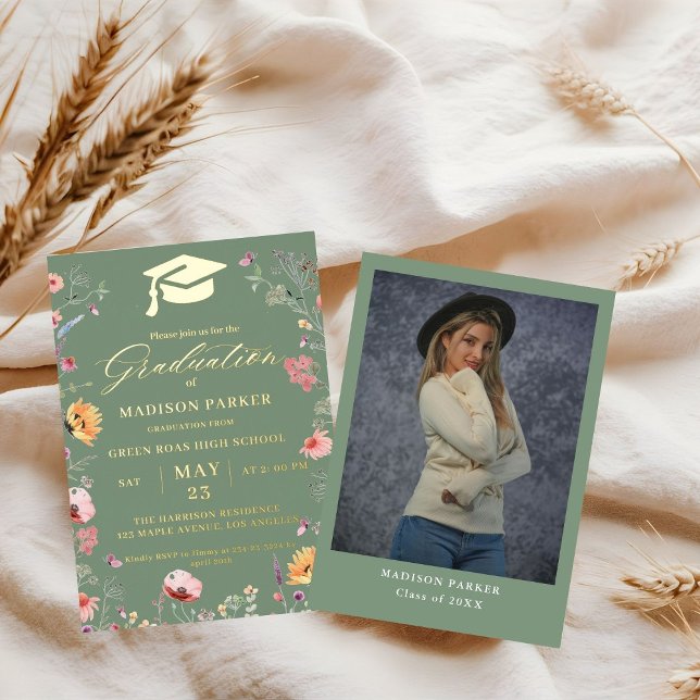 Stylish Wildflower Meadow Garden  Graduation Foil Invitation (Creator Uploaded)
