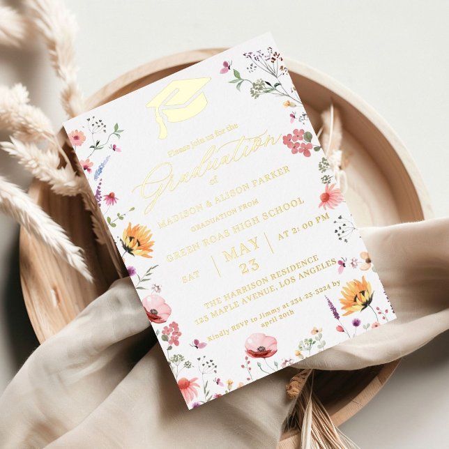 Stylish Wildflower Meadow Garden Twin Graduation Foil Invitation (Creator Uploaded)