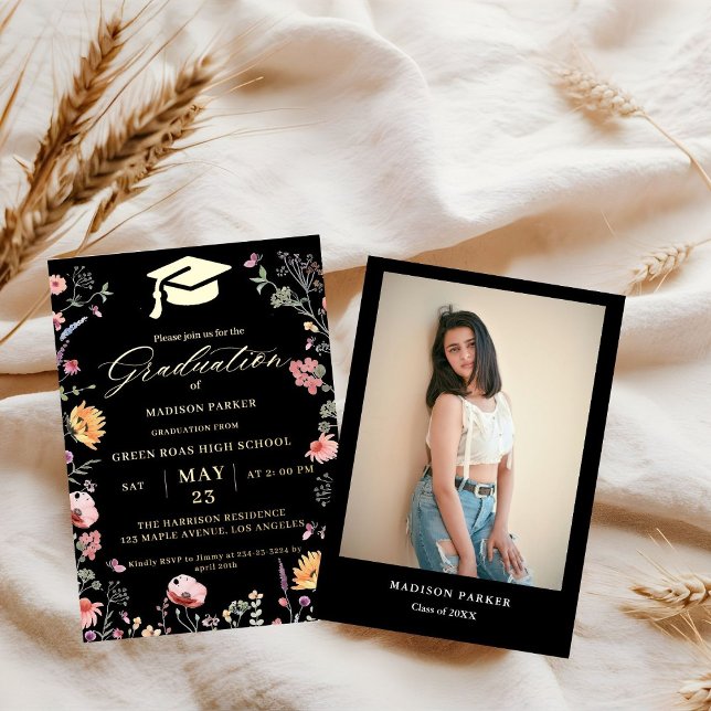 Stylish Wildflower Meadow Garden Twin Graduation Foil Invitation (Creator Uploaded)