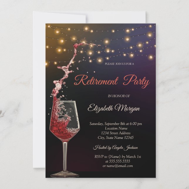 Stylish Wine Glass String Lights Retirement  Invitation (Front)