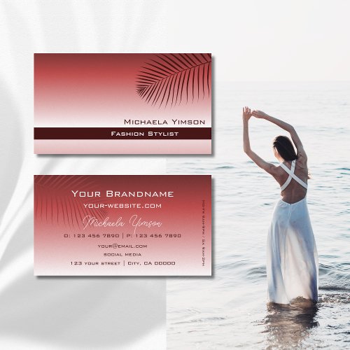 Stylish Wine Red Gradient with Palm Leaf Simple Business Card