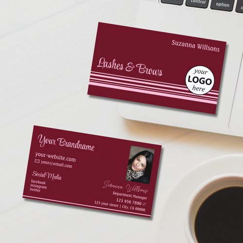 Stylish Wine Red Pink Stripes with Logo and Photo Business Card