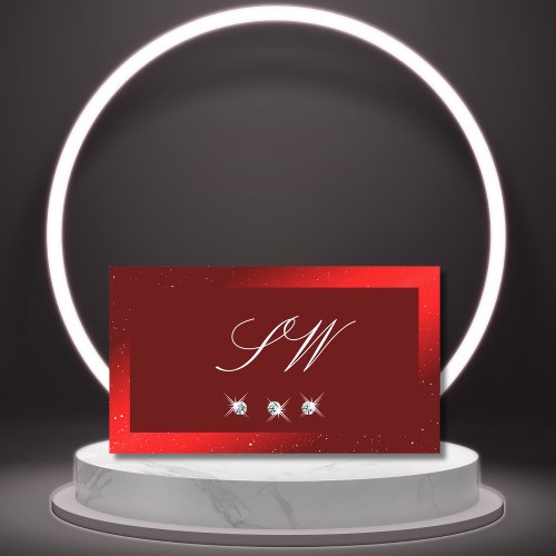 Stylish Wine Red Sparkling Diamonds with Monogram Business Card