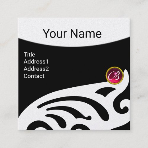 STYLISH WINGS RUBY GEM MONOGRAM Black White Pearl Square Business Card