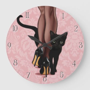 Stylish Woman And Black Cat Large Clock by MarylineCazenave at Zazzle