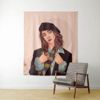 Stylish Woman in Beret,Colorful Scarf Illustration Tapestry