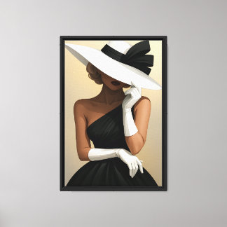Stylish Woman in Black Dress and White Hat Canvas Print