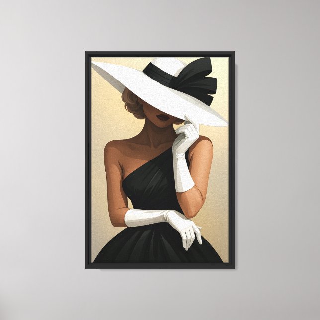 Stylish Woman in Black Dress and White Hat Canvas Print (Front)