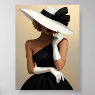 Stylish Woman in Black Dress and White Hat Poster