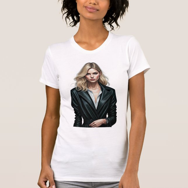 Stylish Woman in Black Leather Coat – Fashion Digi T-Shirt (Front)
