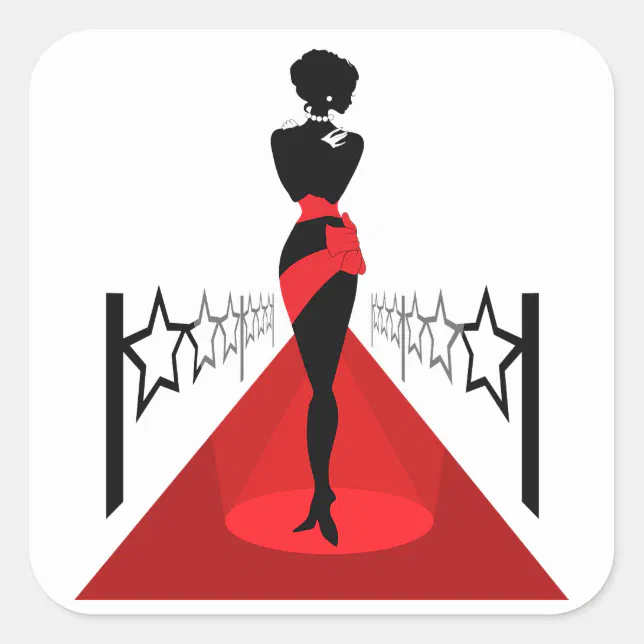 Stylish woman silhouette on red carpet with stars square sticker (Front)