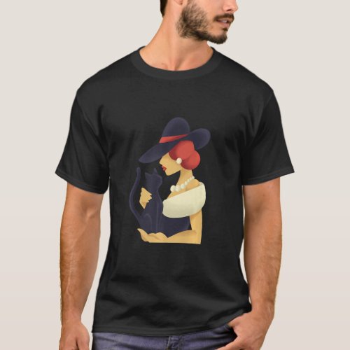 Stylish Woman With Black Cat Cat  For Girls Women  T_Shirt