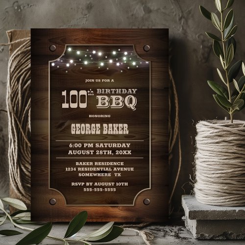 Stylish Wood 100th Birthday BBQ Invitation