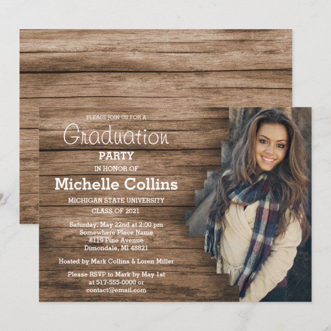 Stylish Wood Background Graduation Invitation (Front/Back)