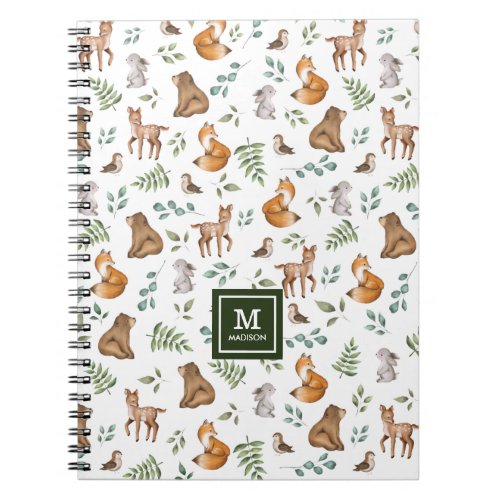 Stylish Woodland Animals Forest Greenery Monogram Notebook