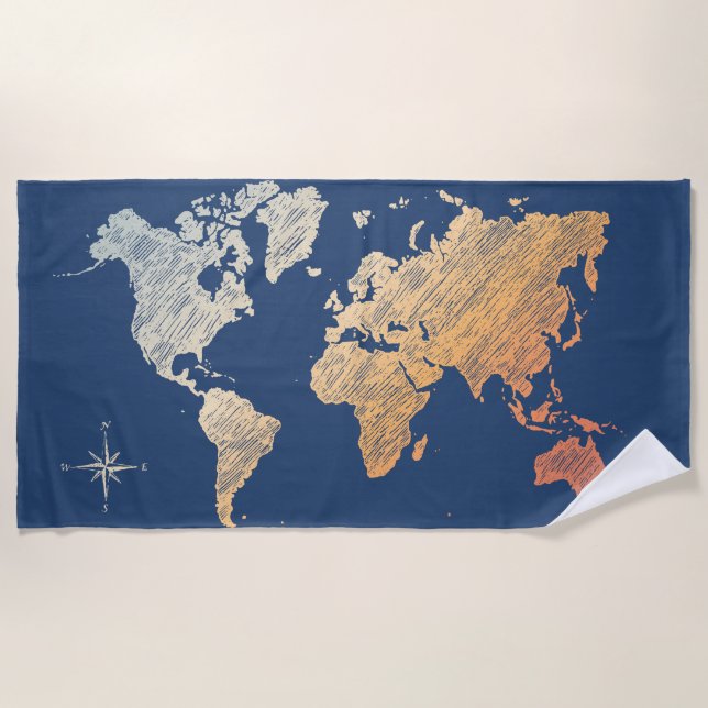 Stylish World Traveler (plus map, retro light) Beach Towel (Front)