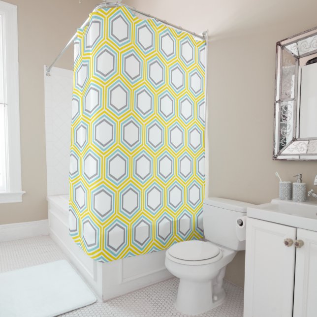 Stylish Yellow and Aqua Geometric Pattern Shower Curtain (In Situ)