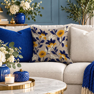 Stylish Yellow and Blue Abstract Floral Accent Pad Throw Pillow