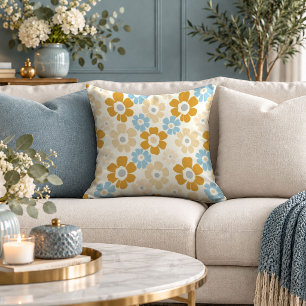 Stylish Yellow and Blue Abstract Floral Throw Pill Pillow