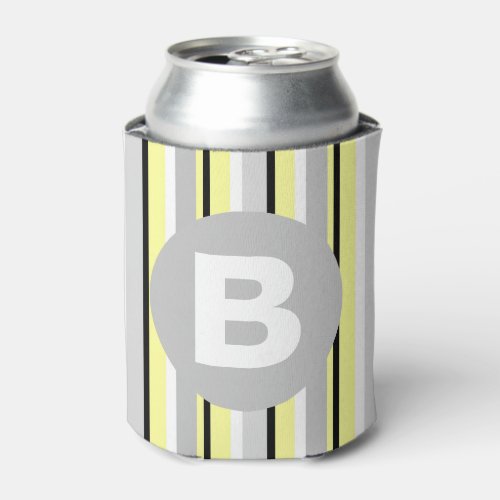 Stylish Yellow and Grey Striped Monogram Can Cooler