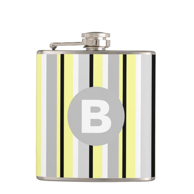 Stylish Yellow and Grey Striped Monogram Flask (Front)
