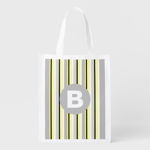 Stylish Yellow and Grey Striped Monogram Grocery Bag