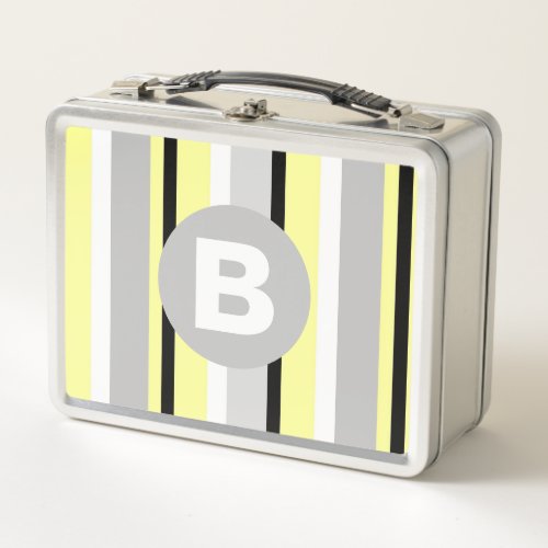 Stylish Yellow and Grey Striped Monogram Metal Lunch Box