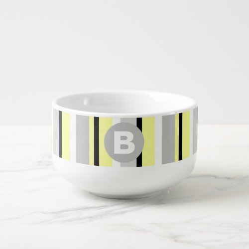 Stylish Yellow and Grey Striped Monogram Soup Mug