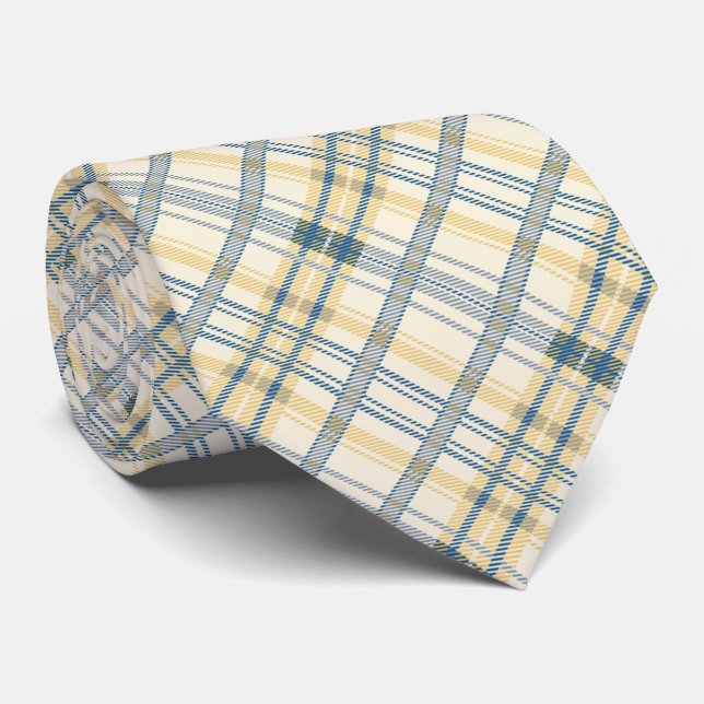Stylish Yellow and Navy Blue Plaid Print Neck Tie (Rolled)