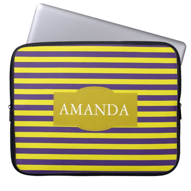 Stylish Yellow and Purple Stripes Pattern Monogram Laptop Sleeve (Front)