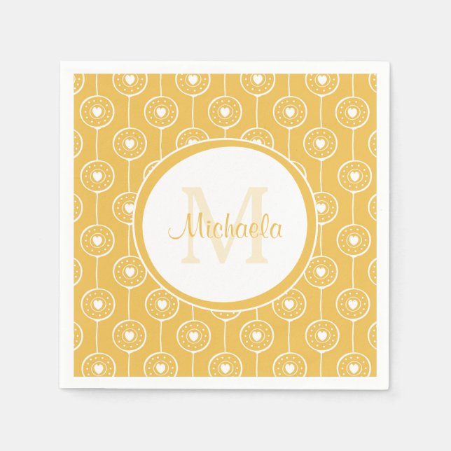 Stylish Yellow and White Hearts Monogram With Name Paper Napkins (Front)