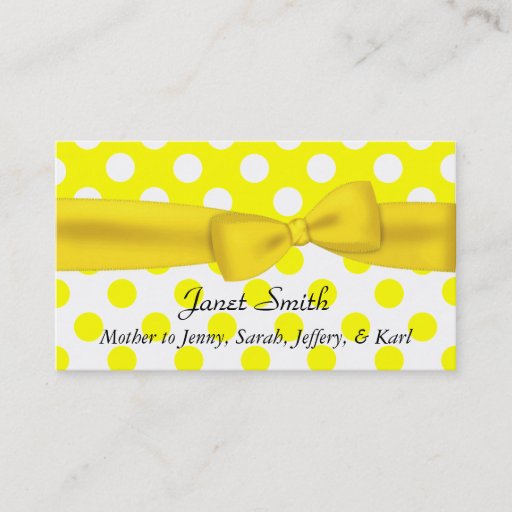 Customizable Stylish Yellow and White Polka Dot Mommy Card Business Card Template