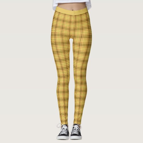 Stylish Yellow Brown Scottish Tartan Plaid Yoga Leggings