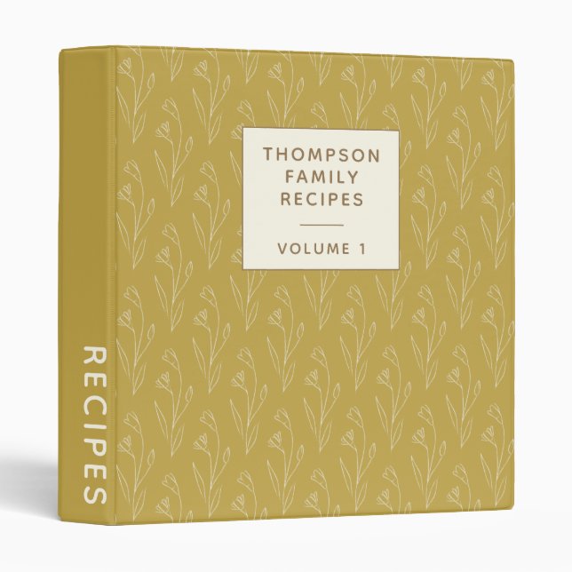 Stylish Yellow Floral Drawing Personalized Recipe 3 Ring Binder (Front/Spine)
