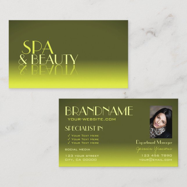 Stylish Yellow Gradient Mirror Font with Photo Business Card (Front/Back)