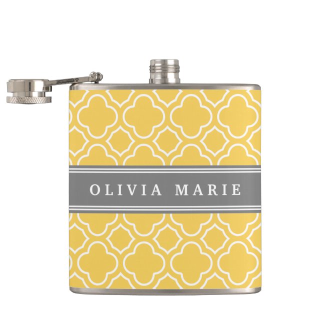 Stylish Yellow Quatrefoil Pattern with Name Flask (Opened)
