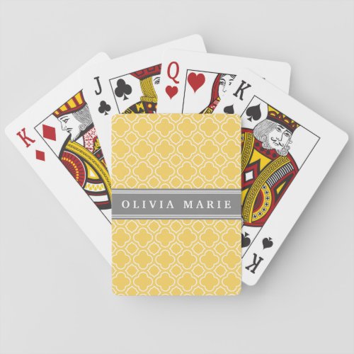 Stylish Yellow Quatrefoil Pattern with Name Poker Cards