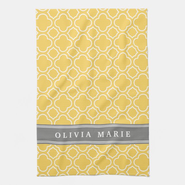 Stylish Yellow Quatrefoil Pattern with Name Towel (Vertical)