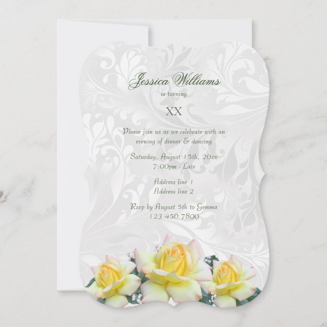 Stylish Yellow Roses & Damask Birthday Party Invitation (Front)