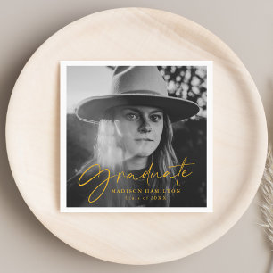 Stylish Yellow Script Photo Graduation Napkins